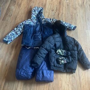 Teen Boy winter bundle - 2 jackets, 1 bib overall, 1 pair of mittens.